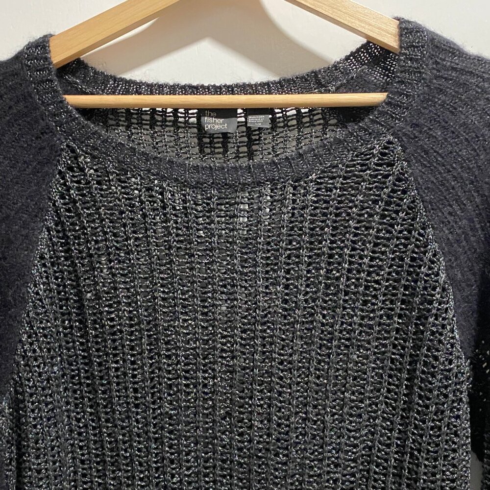 10) Eileen Fisher Mohair Alpaca Open Knit Preppy Boho Fisherman Grunge Sweater L - Picture 2 of 8